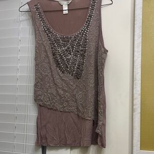 Christopher & Banks Mauve Lace Tank Top with Embellishments